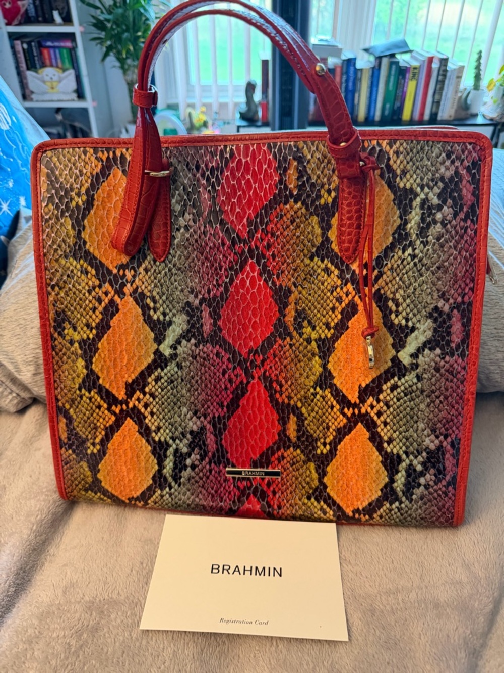 Brahmin Multicolor Python-Print Leather Tote with Red & Orange Accents